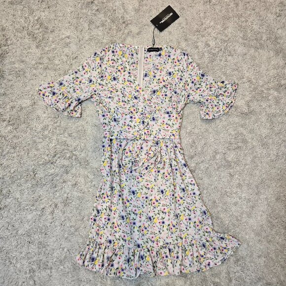 Pretty Little Thing Floral Print Corset Waist Ruffle Hem Mini Dress Stone Size 2 - Picture 3 of 10